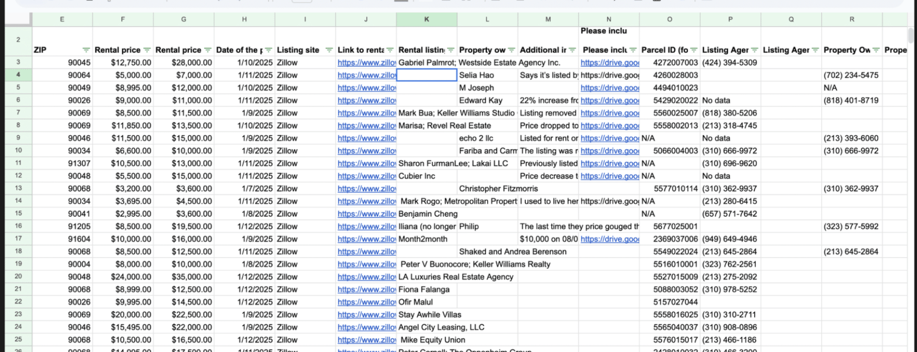 Screenshot of the "Tracking Rental Price Gouging in LA Spreadsheet."Photo Credit: The Rent Brigade ( https://www.rentbrigade.org/)